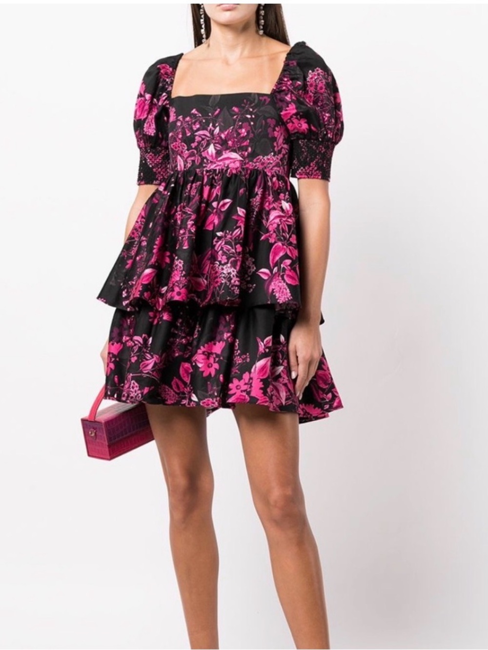 $440 Alice + Olivia Women's Black Floral Smocked Squared Neck Mini Dress Size 0